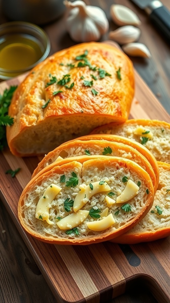 Homemade Garlic Bread Recipe Sliced homemade garlic bread with garlic butter and parsley on a wooden board.